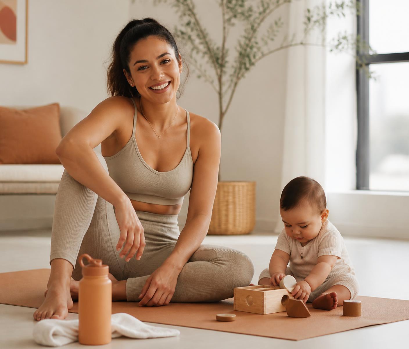 Mãe treinando em casa no tapete de yoga ao lado do bebê