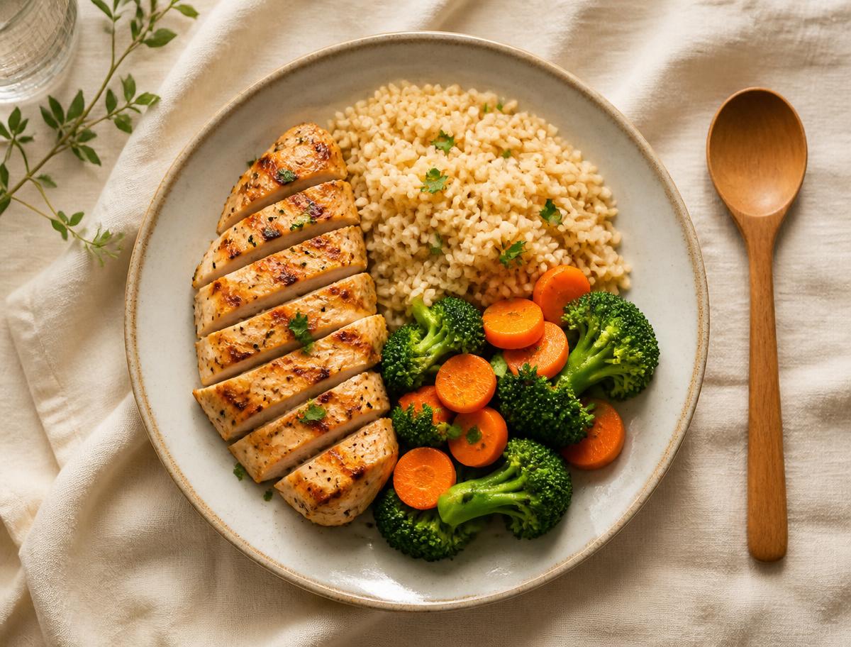 Prato completo com frango, arroz integral e legumes