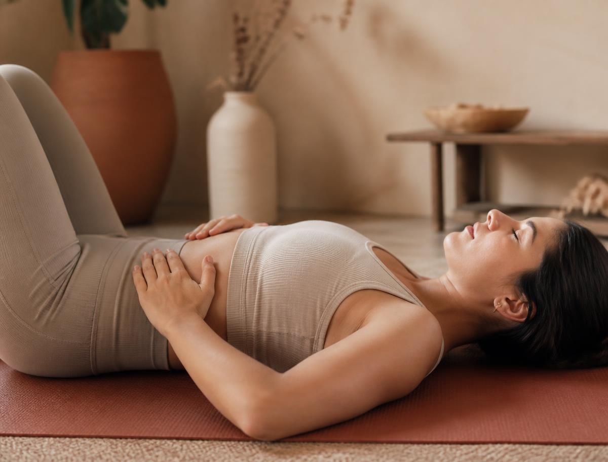 Mulher realizando exercício de respiração diafragmática no tapete